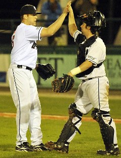 Philipp Hoffschild and Chris Howard celebrate a win by Regensburg against the Heidekoepfe